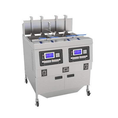 Deux pots, quatre paniers, chauffage au gaz, friteuses ouvertes, filtration à l'huile.