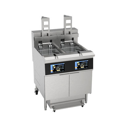 Écran tactile Panneau intelligent Filtrage automatique de l'ascenseur Deux pots Quatre paniers 304SUS Friteuse électrique à gaz ouverte