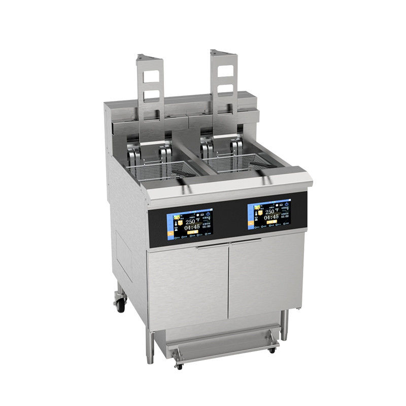 Écran tactile Panneau intelligent Filtrage automatique de l'ascenseur Deux pots Quatre paniers 304SUS Friteuse électrique à gaz ouverte